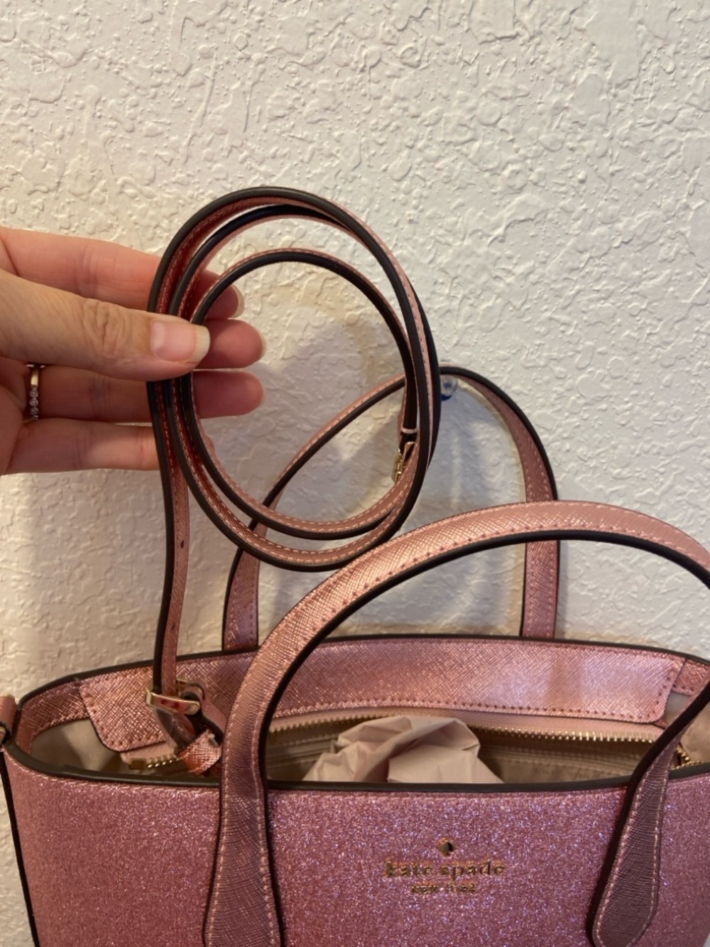 KATE SPADE Pink Glitter Small Tote Purse with Shoulder Strap New without Tags - Picture 4 of 16